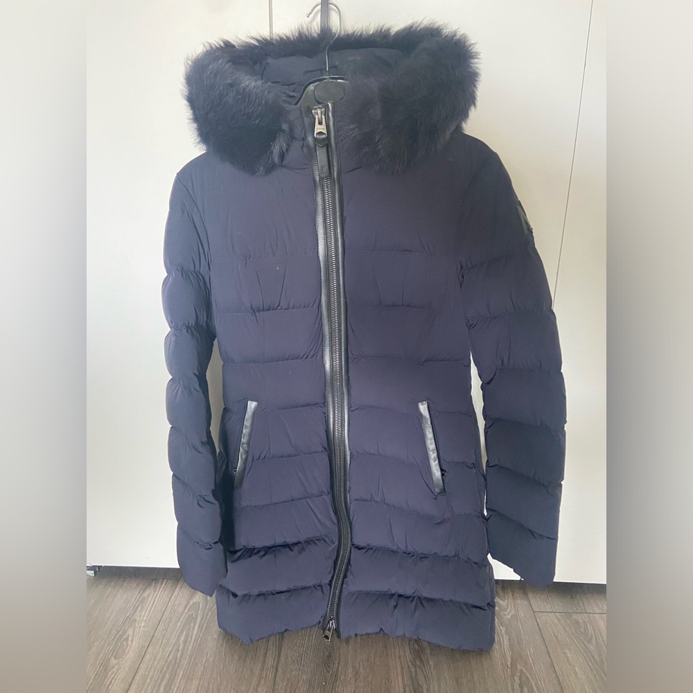 Mackage CALLA Agile-360 stretch light down coat with blue fox fur collar